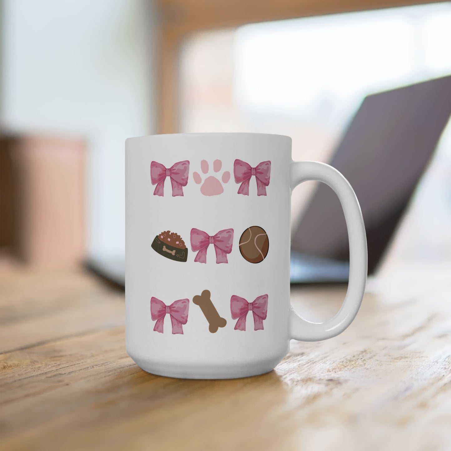 Dog Mom Aesthetic Mug – Cute Pink Bow & Paw Print Coffee Cup – Gift for Dog Lovers