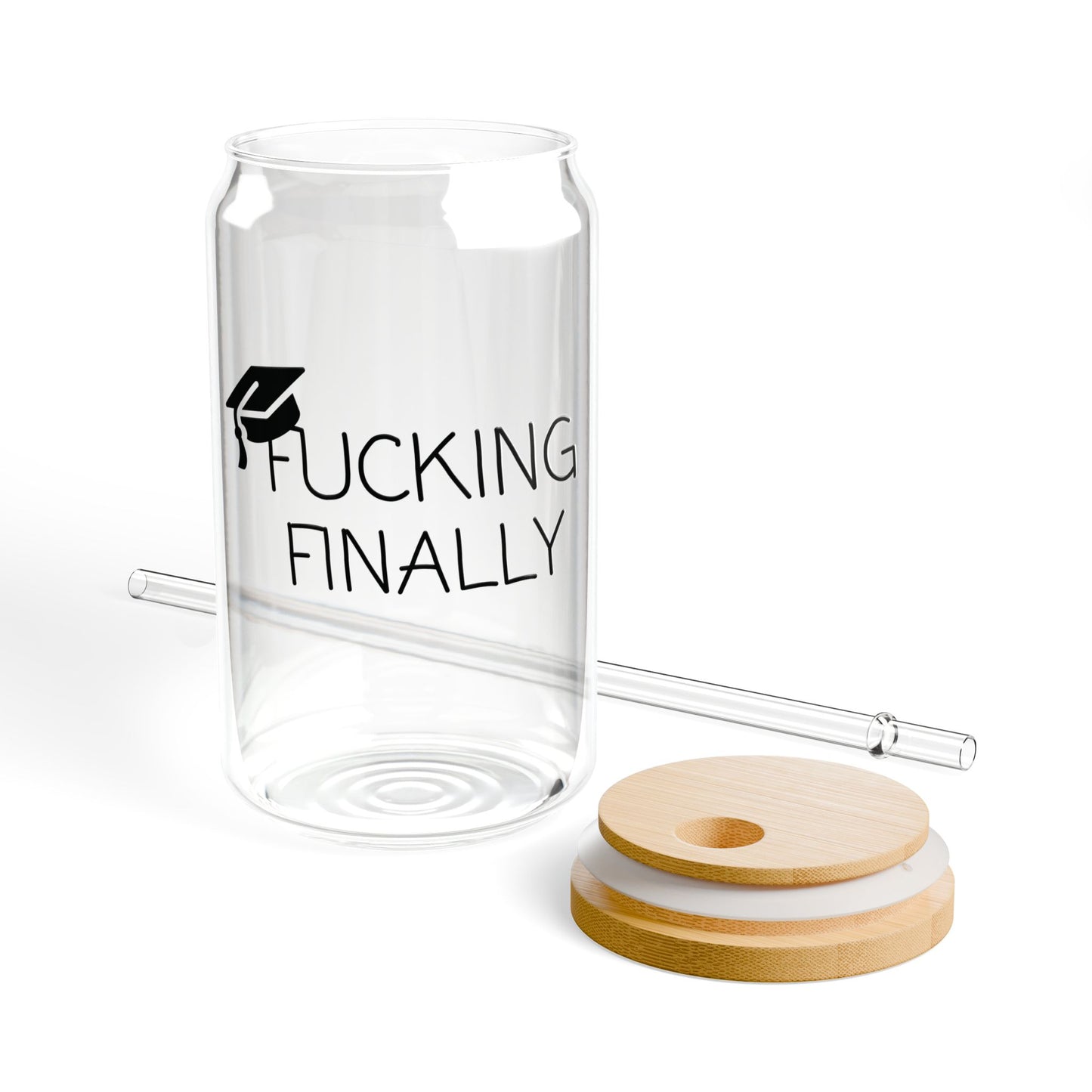 Graduation Glass Cup - "F*cking Finally" | 16oz Iced Coffee Cup with Optional Lid & Straw