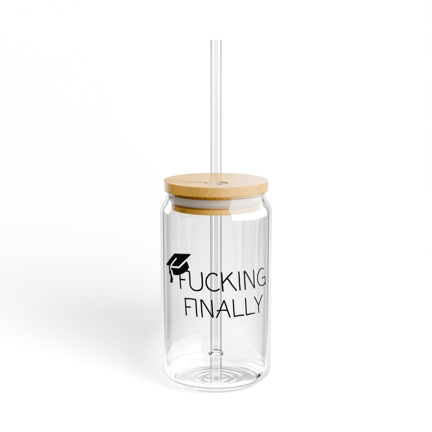 Graduation Glass Cup - "F*cking Finally" | 16oz Iced Coffee Cup with Optional Lid & Straw