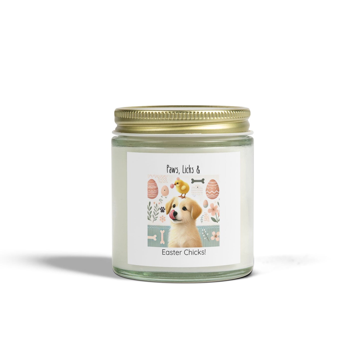 Easter Dog Candle – "Paws, Licks & Easter Chicks!" – Spring Scented Candle – Cute Puppy & Chick Design