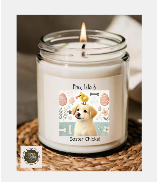 Easter Dog Candle – "Paws, Licks & Easter Chicks!" – Spring Scented Candle – Cute Puppy & Chick Design