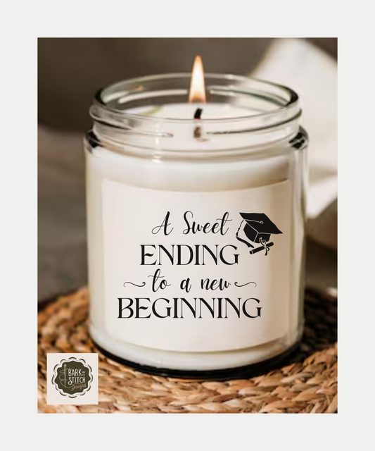 Graduation Candle – "A Sweet Ending to a New Beginning" – Inspirational Grad Gift – Clear Jar Soy Wax Candle