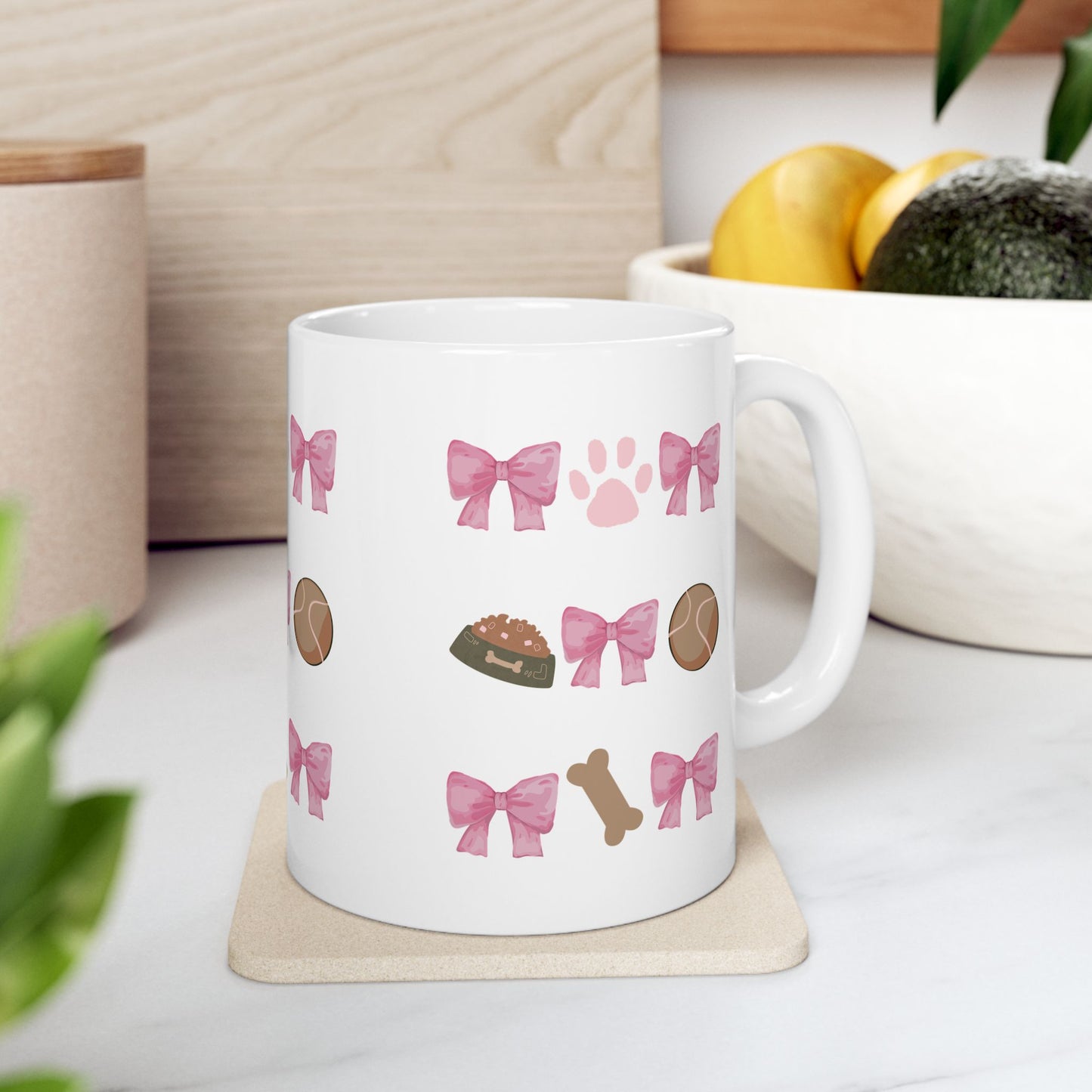 Dog Mom Aesthetic Mug – Cute Pink Bow & Paw Print Coffee Cup – Gift for Dog Lovers